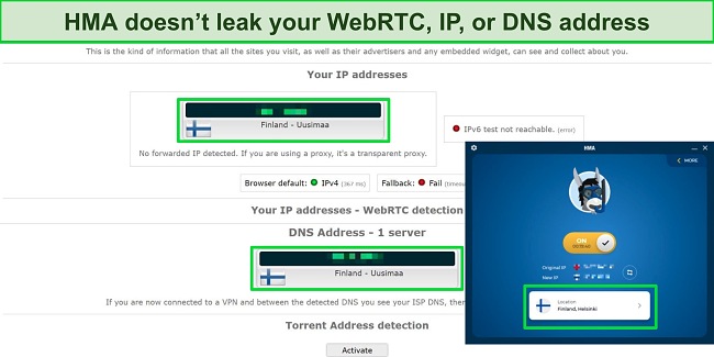 Screenshot of IP, DNS, and WebRTC test on a HMA server showing no leaks