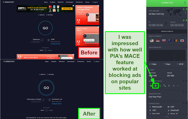 screenshot of PIA's MACE adblocker working on Speedtest.net to remove all ads