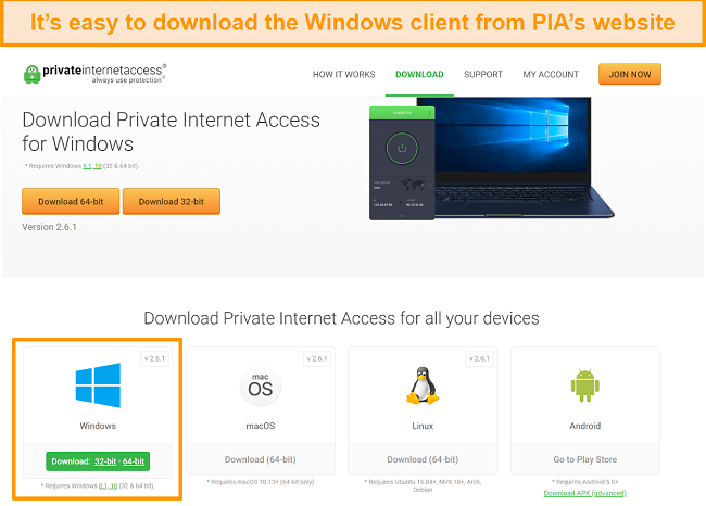 screenshot of PIA website with a variety of downloads for different operating systems