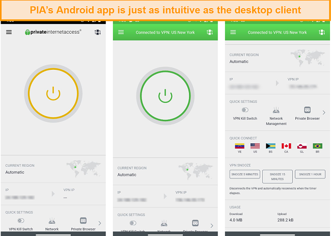 screenshot of different screens from the PIA Android app