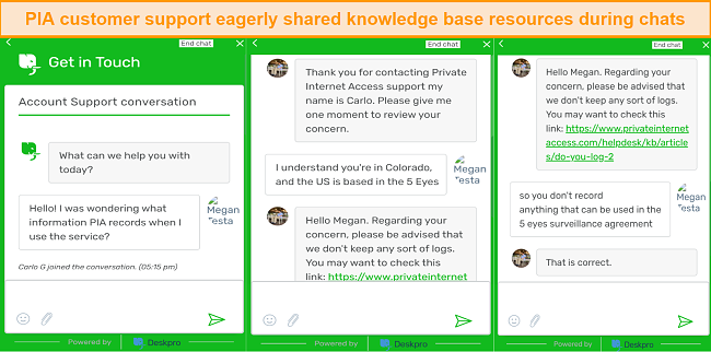 screenshot of live chat with PIA customer support regarding logging policies