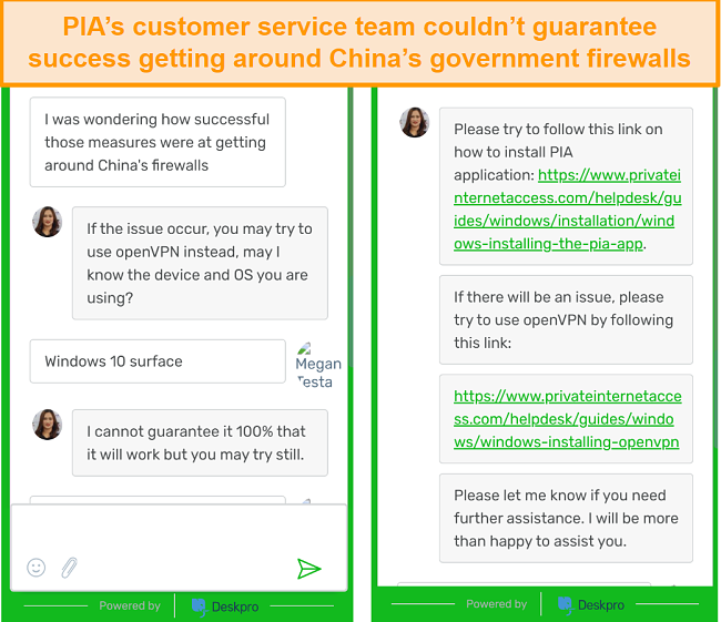 Screenshot of chat with PIA customer service regarding the VPN working in China