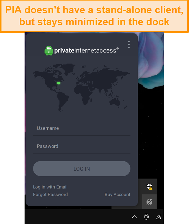 screenshot of PIA minimized in the hidden icons dock