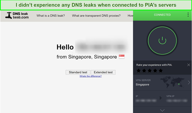 Screenshot of DNSleaktest.com showing a connection from Singapore, while connected to a PIA server in Singapore