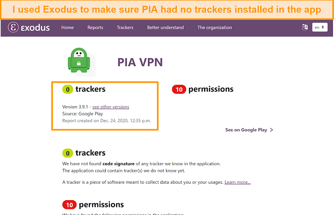 A screenshot of the Exodus tool, which shows there are no trackers installed on PIA's software
