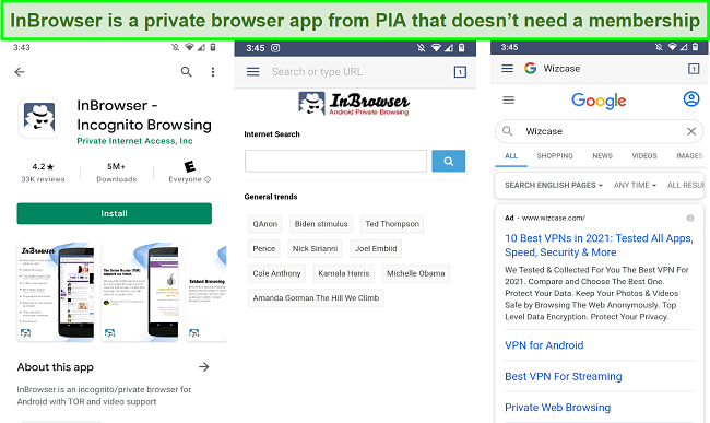 Screenshot of PIA's InBrowser's interface on Android