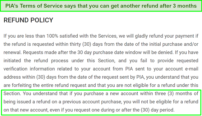 screenshot of PIA's refund policy