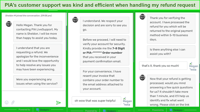 Screenshot of requesting for a refund via PIA's live chat.