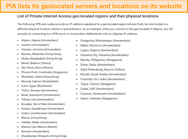 Screenshot of PIA's website with its geolocated servers and actual locations