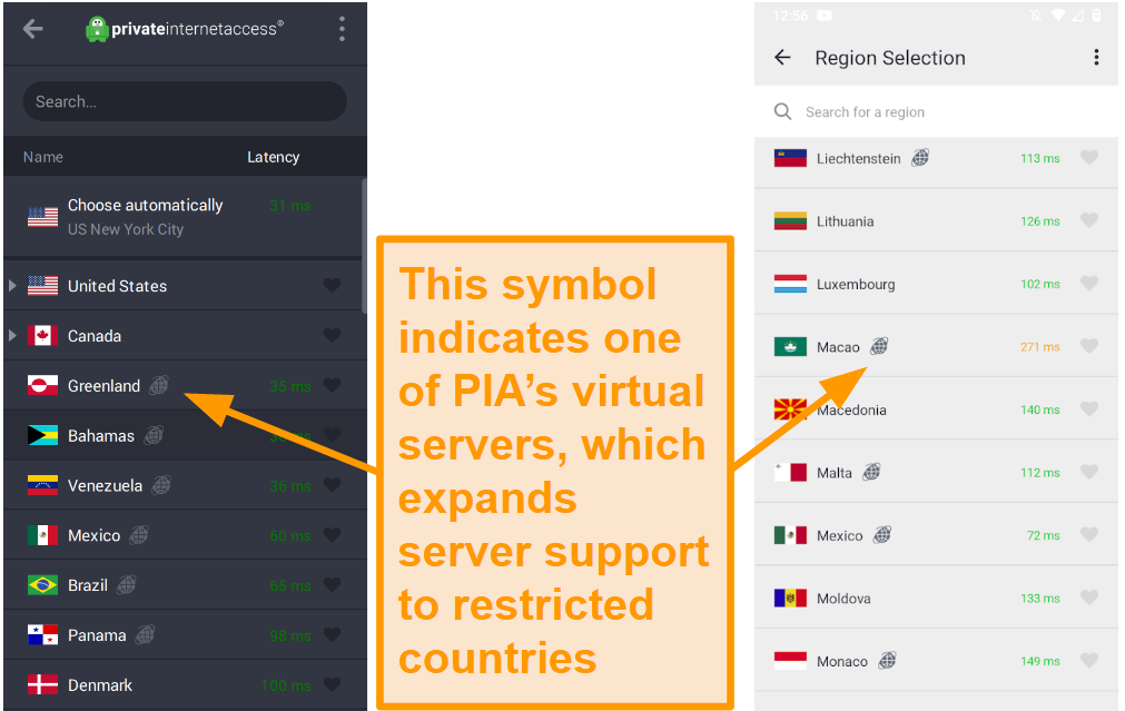 Screenshot of PIA's server list, marking physical servers from virtual ones