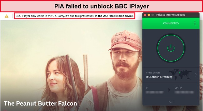 Screenshot of PIA failing to unblock the BBC iPlayer.