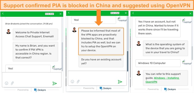 Screenshot of a live chat with PIA support discussing support within China.