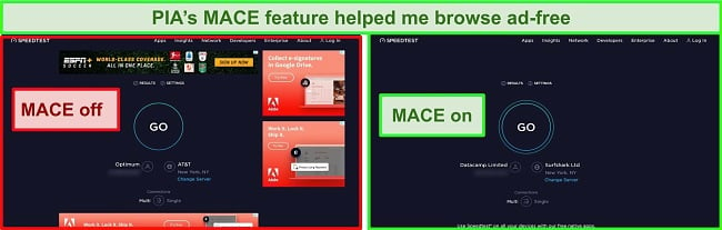 A screenshot of PIA's MACE blocking banner ads in tests