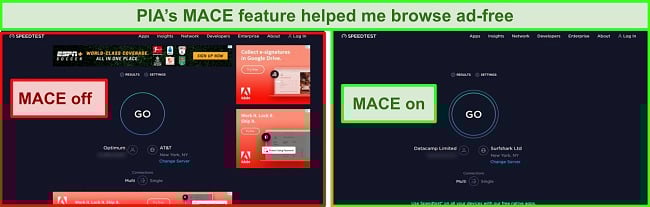 Screenshot of PIA's MACE feature removing ads on a website.