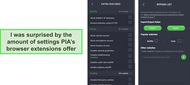 Screenshot of PIA VPN's browser extension settings.