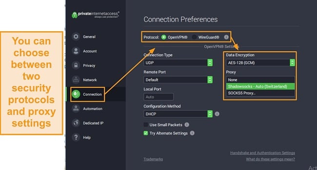 Screenshot of PIA's connection settings on Windows.