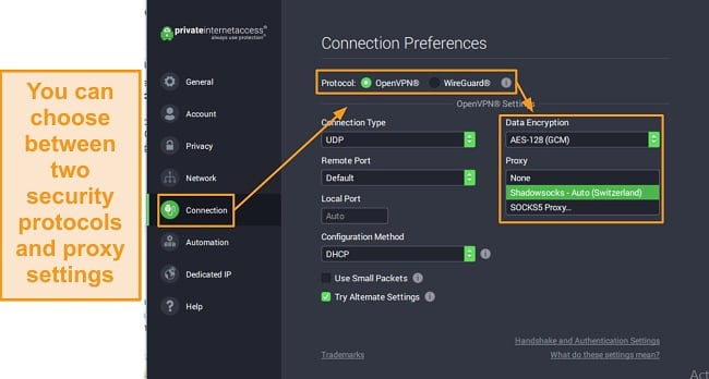 Screenshot of how to change PIA's encryption settings from the Connection Preferences menu