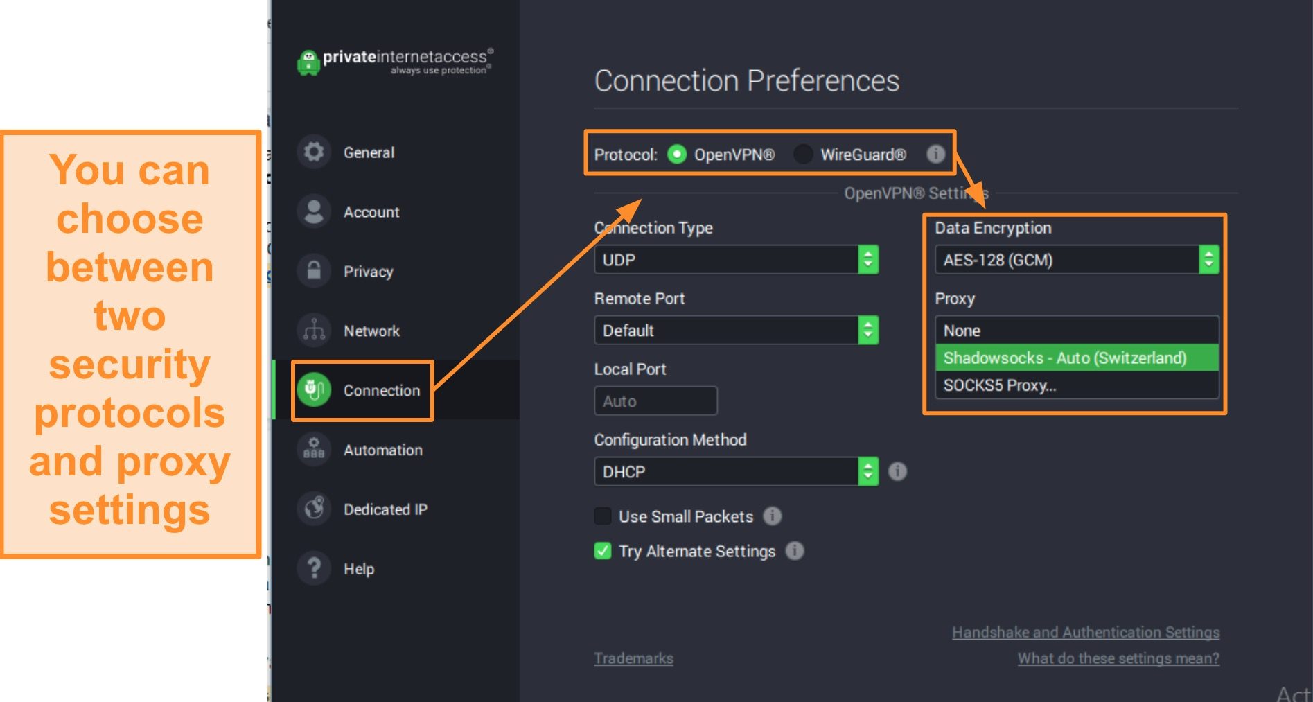 Screenshot of connection preference settings in PIA
