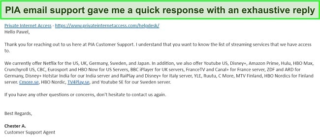 Screenshot of a reply from PIA VPN email support.