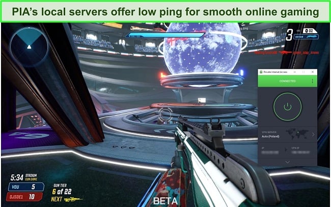 Screenshot of a game of Splitgate with PIA connected to a server