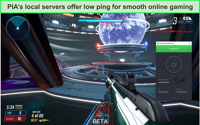 Screenshot of PIA connected to a Poland server while playing Splitgate