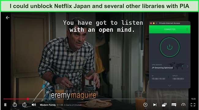 Screenshot of PIA unblocking Netflix Japan and streaming Modern Family.