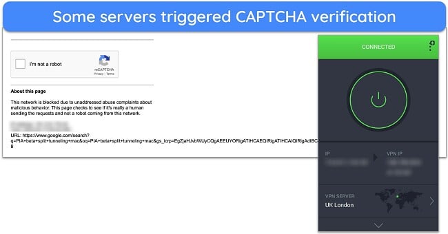 Screenshot of PIA London server connection resulting in CAPTCHA verification on Google