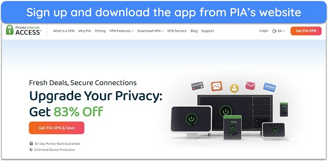 Screenshot of PIA's homepage