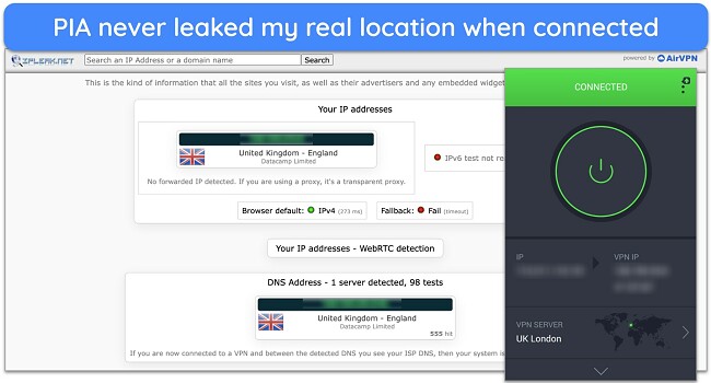 Screenshot of PIA passing DNS leak tests