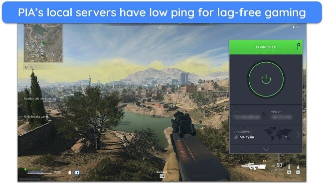 Screenshot of playing Call of Duty: Warzone with PIA connected to a server in Malaysia