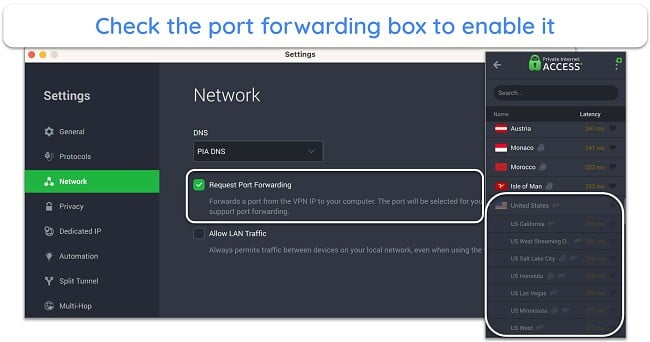 Screenshot of PIA's port forwarding settings