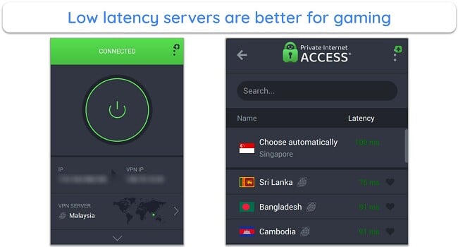Screenshot of PIA's server options