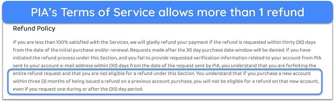 Screenshot of PIA's refund policy allowing another refund after 3 months