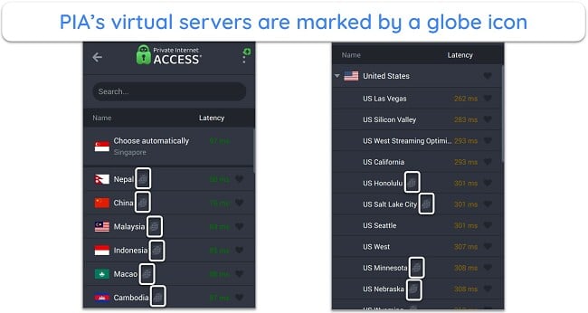 Screenshot of PIA's virtual servers