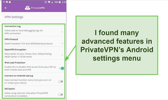 Screenshot of the PrivateVPN settings menu in Android