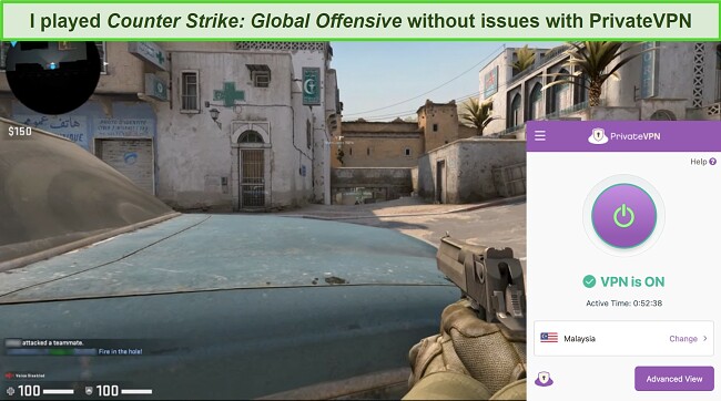 Screenshot of a game of Counter-Strike while PrivateVPN is connected to a server in Malaysia