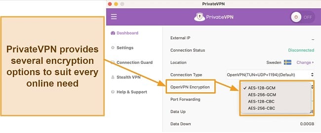 Screenshot of PrivateVPN's encryption options in the app