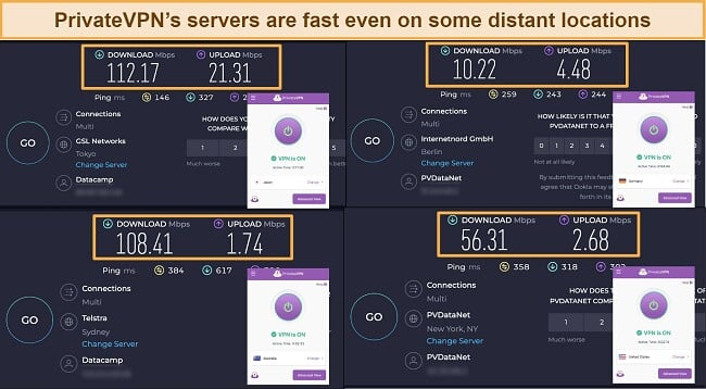 Screenshot of PrivateVPN's speed test results with servers in Japan, Australia, Germany, and the US