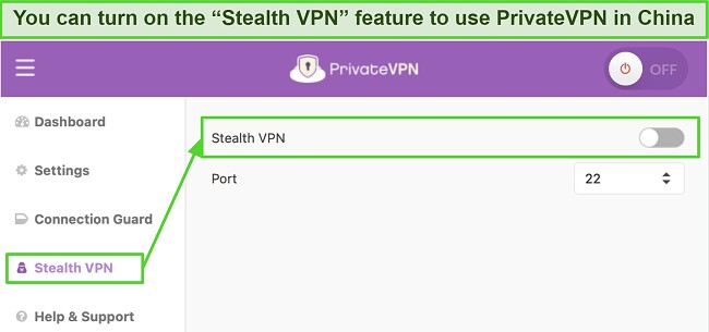 Screenshot of PrivateVPN's Stealth VPN feature settings