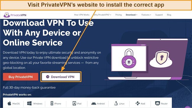 Screenshot of PrivateVPN's page for downloading apps