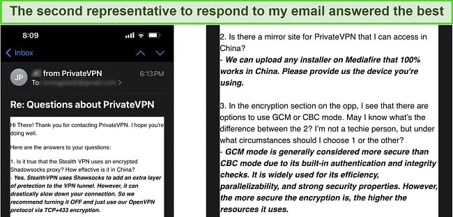 Screenshot of correspondence with PrivateVPN's support staff via email