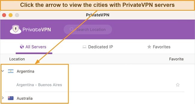 Screenshot of PrivateVPN's app showing its list of servers