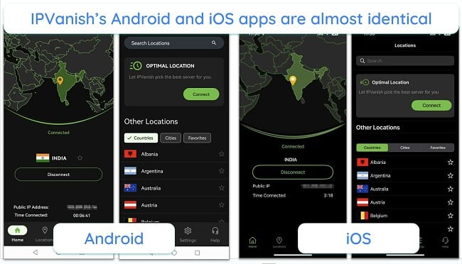 Screenshot of IPVanish's Android and iOS app UI
