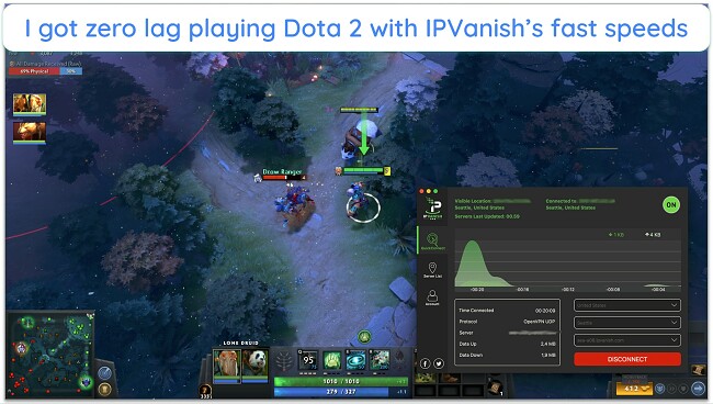 Screenshot of lag-free Dota 2 gameplay while connected to IPVanish
