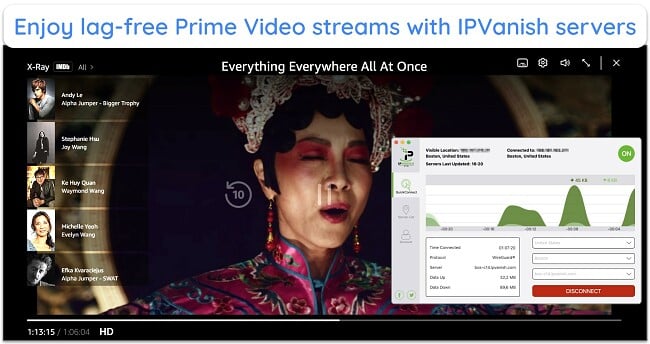 Screenshot of Amazon Prime Video US playing Everything Everywhere All At Once while IPVanish is connected to a server in the US