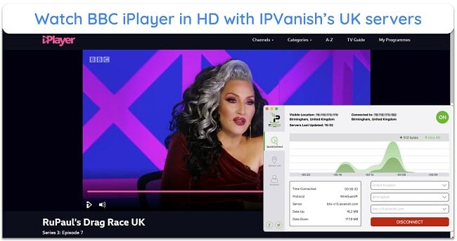 Screenshot of BBC iPlayer streaming RuPaul's Drag Race UK while IPVanish is connected to a server in the UK