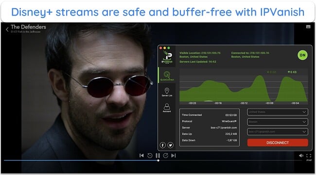 Screenshot of Disney+ US playing The Defenders while IPVanish is connected to a server in the US