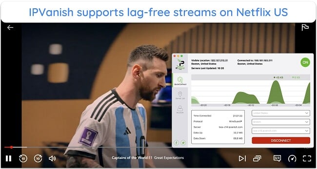 Screenshot of Netflix US playing Captains of the World while IPVanish is connected to a server in the US