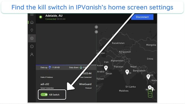 Screenshot of IPVanish's kill switch enabled on the Windows app home screen