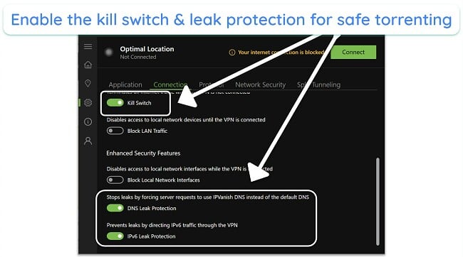 Screenshot of IPVanish's security features on the Windows app